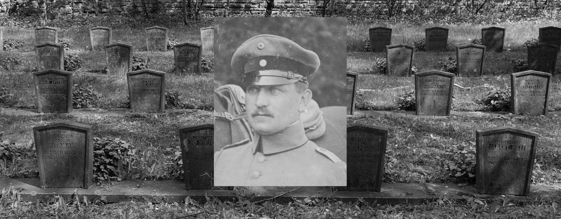 Grabsteine auf einem Friedhof, darüber das Porträt eines Mannes.