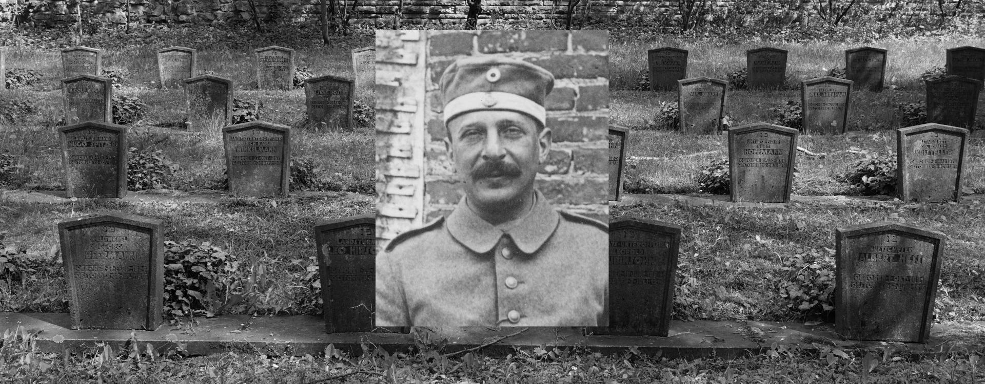 Grabsteine auf einem Friedhof, darüber das Porträt eines Mannes.