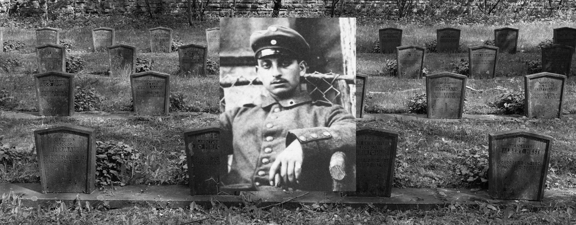 Gravestones in a cemetery, above them the portrait of a man.