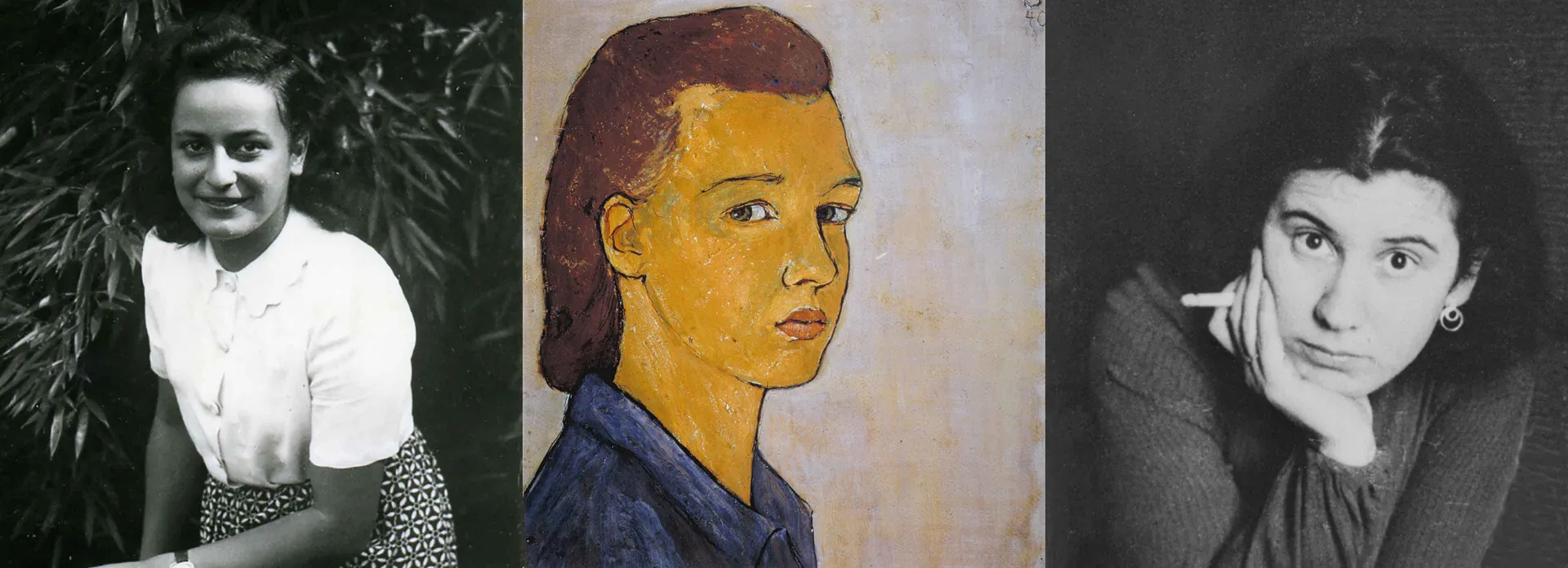 Collage of three portraits: Hélène Berr as a black and white photo, Charlotte Salomon as a self-portrait in oil and Etty Hillesum as a black and white photo. All the women are looking directly at the viewer.