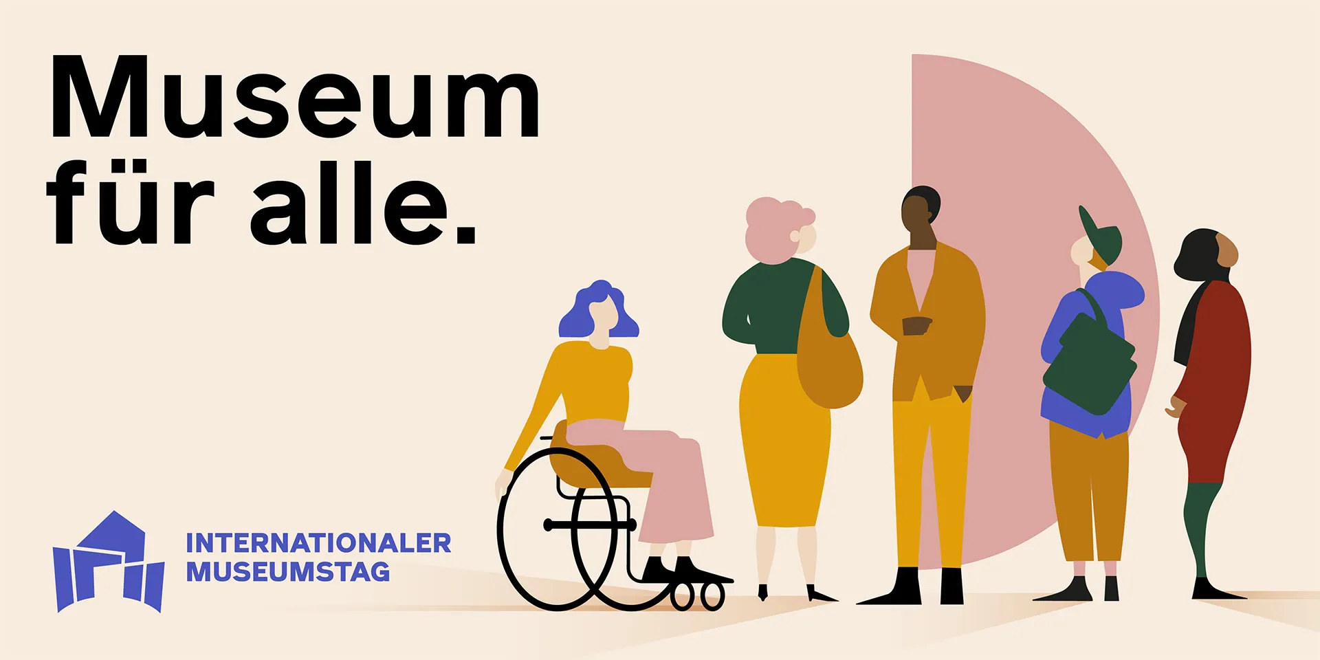 Graphic with the inscription in German “Museum for all”. You can see 4 people, one of whom is in a wheelchair.