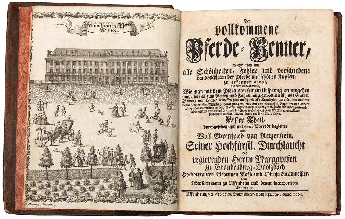Open book with leather cover showing an illustration of people riding and strolling in front of a grand building, alongside the title page of Der vollkommene Pferdekenner
