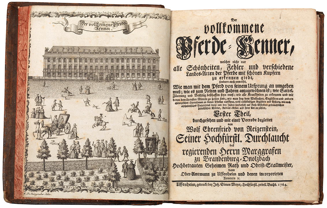 Open book with leather cover showing an illustration of people riding and strolling in front of a grand building, alongside the title page of Der vollkommene Pferdekenner