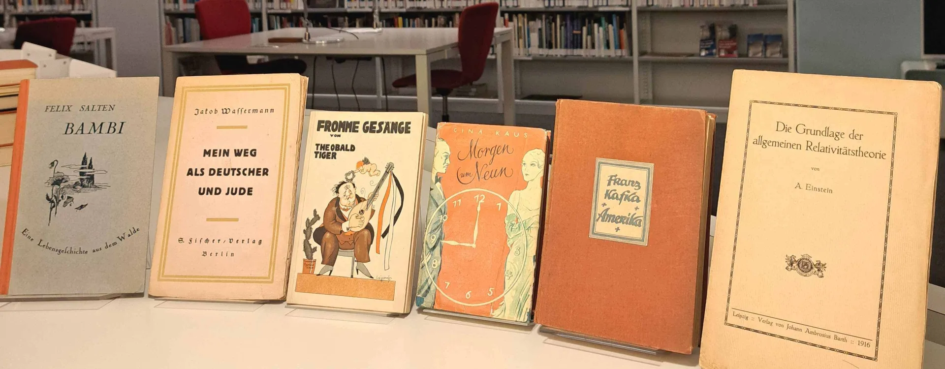 In the foreground are six antiquarian books on a table. Bookshelves can be seen in the background.