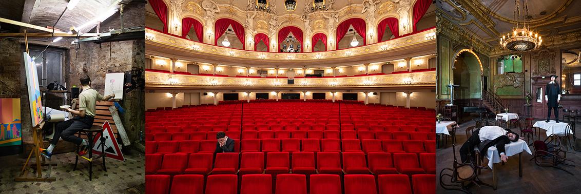 Tryptichon of three photographs: 1. person in front of easel in a basement room, 2. person alone in the auditorium of an empty theater, 3. two people on tables in a room with stucco and chandelier