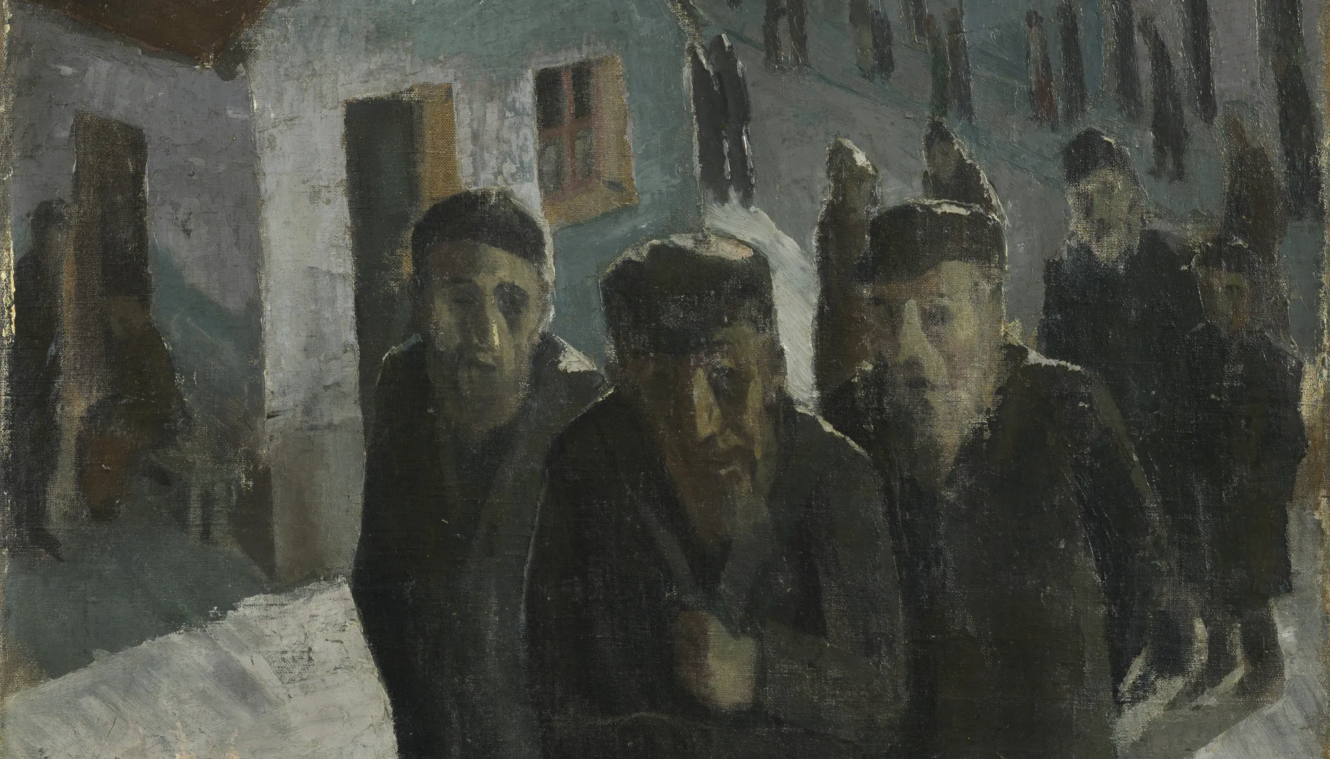 The painting on the way to the prayer house shows a queue of elderly people in a village-like setting.