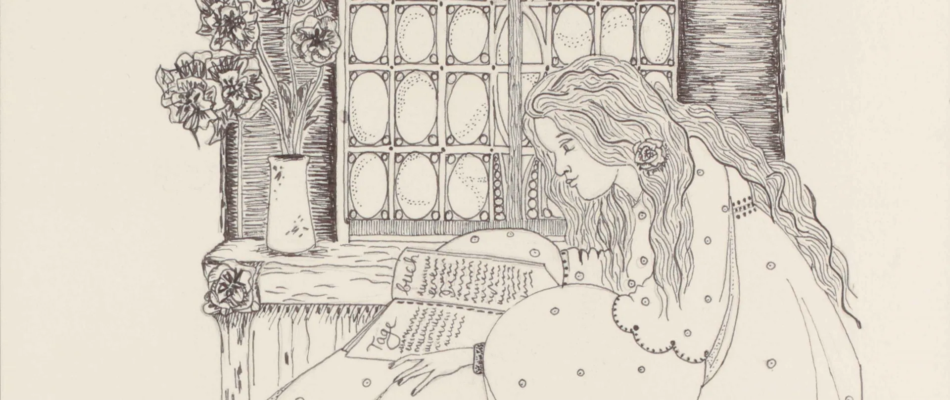 Drawing of a young woman leafing through a diary. She is sitting inside in front of a window
