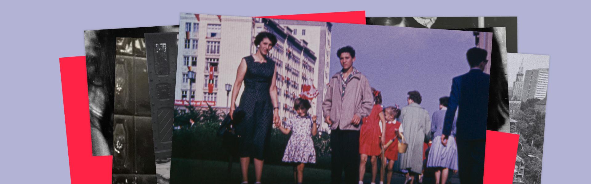 Foto von einer Frau mit Kind an der Hand, daneben ein Jugendlicher mit den sogenannten Arbeiterpalästen in der Stalinallee im Hintergrund.