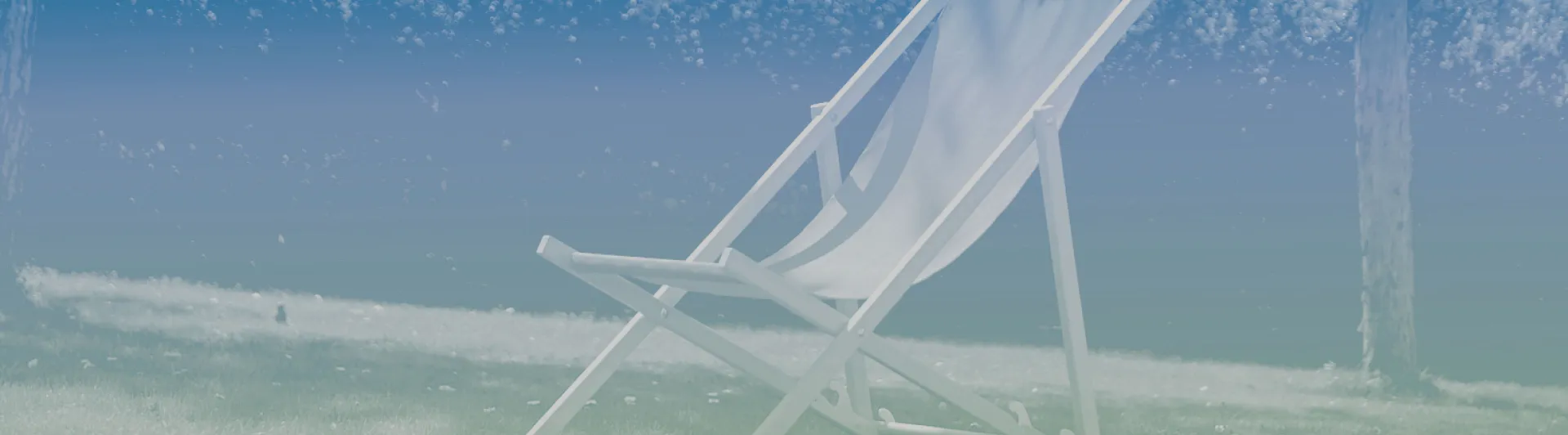 Deck chair in front of water with fountain, graphic in blue green pastel tones