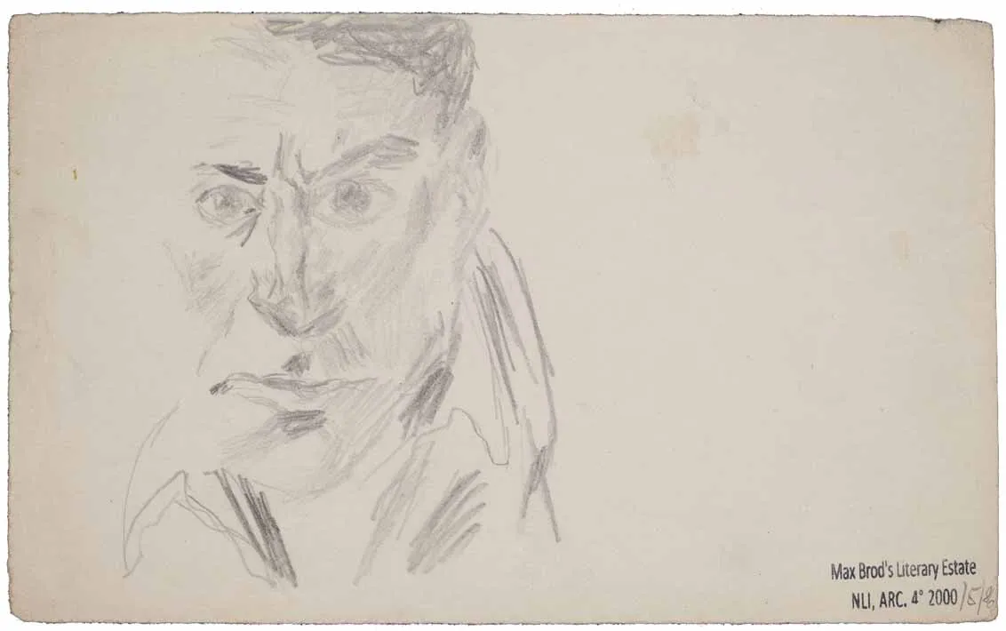 Pencil drawing of a male face looking directly at the viewer, stamp of Max Brod's Literary Estate at lower right.