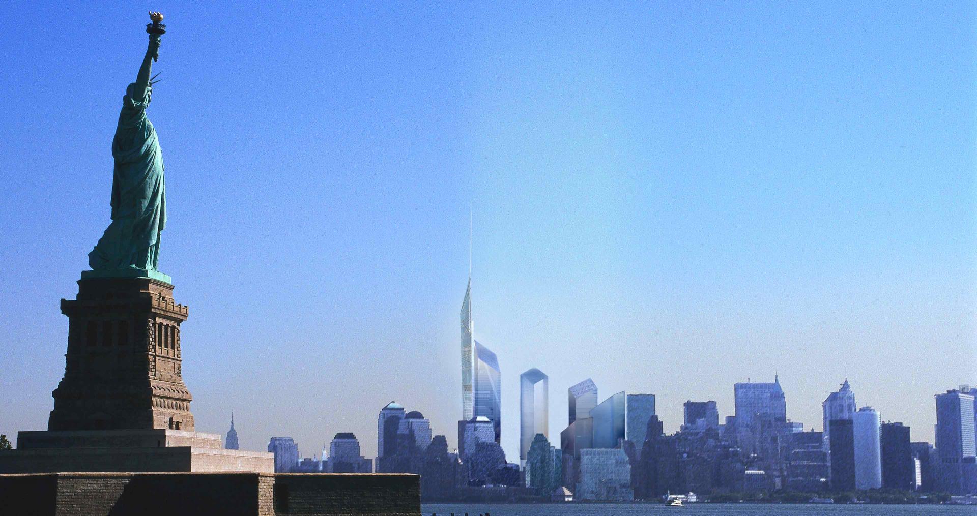 3-D-Darstellung der Skyline von New York mit Freiheitsstatue und Entwurf des World Trade Center Areals