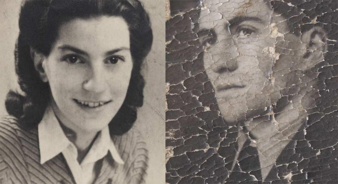 Black-and-white photos of two young people; the photo of the young man is peeling badly