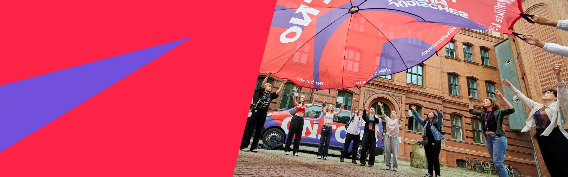 Young people stand in a circle and throw up a swing cloth, graphic elements in red and purple.