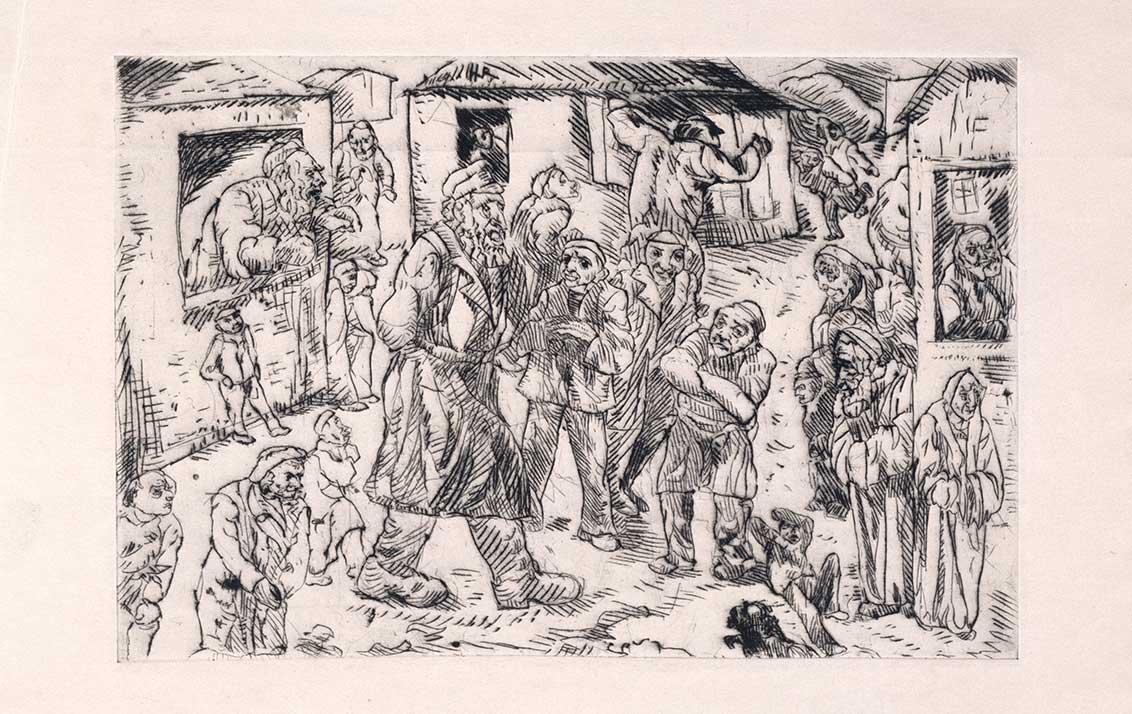 Black and white etching on machine paper: The center of the scene shows a bearded man with boots, cap and coat, surrounded by children and numerous people, walking through the streets of a shtetl and also attracting the attention of numerous people looking out of the window. According to the title of the etching, he is calling the inhabitants of the shtetl together for Shabbat prayers.