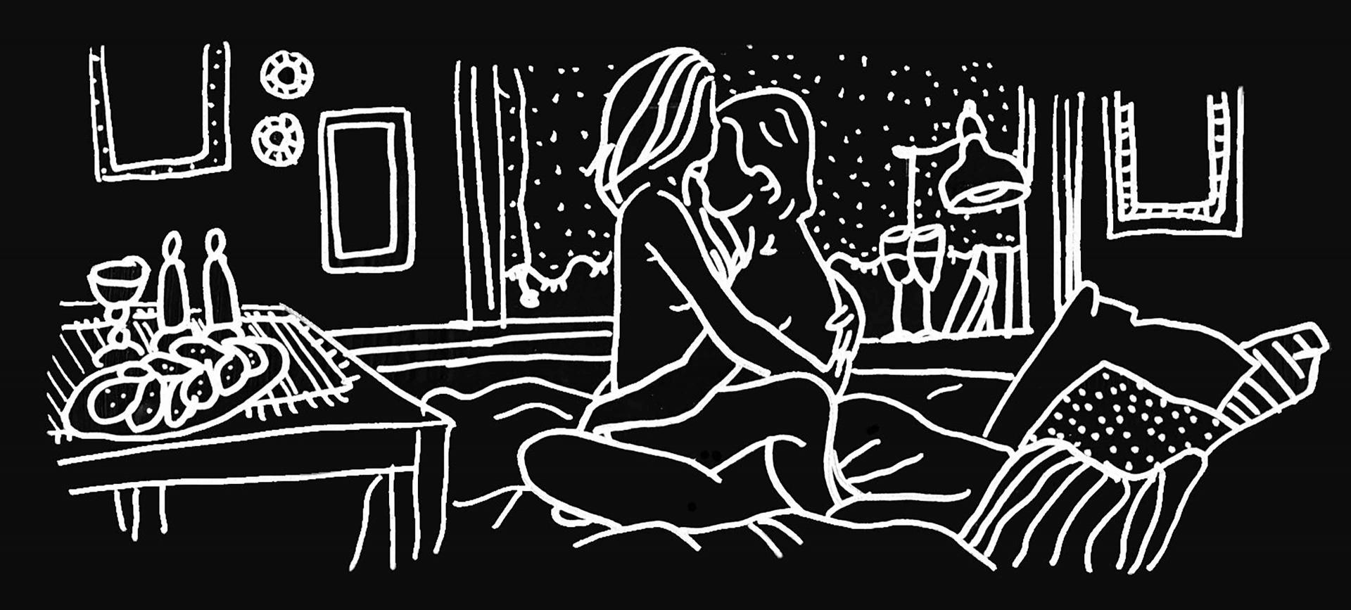 Black and white graphic: a couple having sex. On a table are two candles, a cup and a yeast plait for Shabbat.