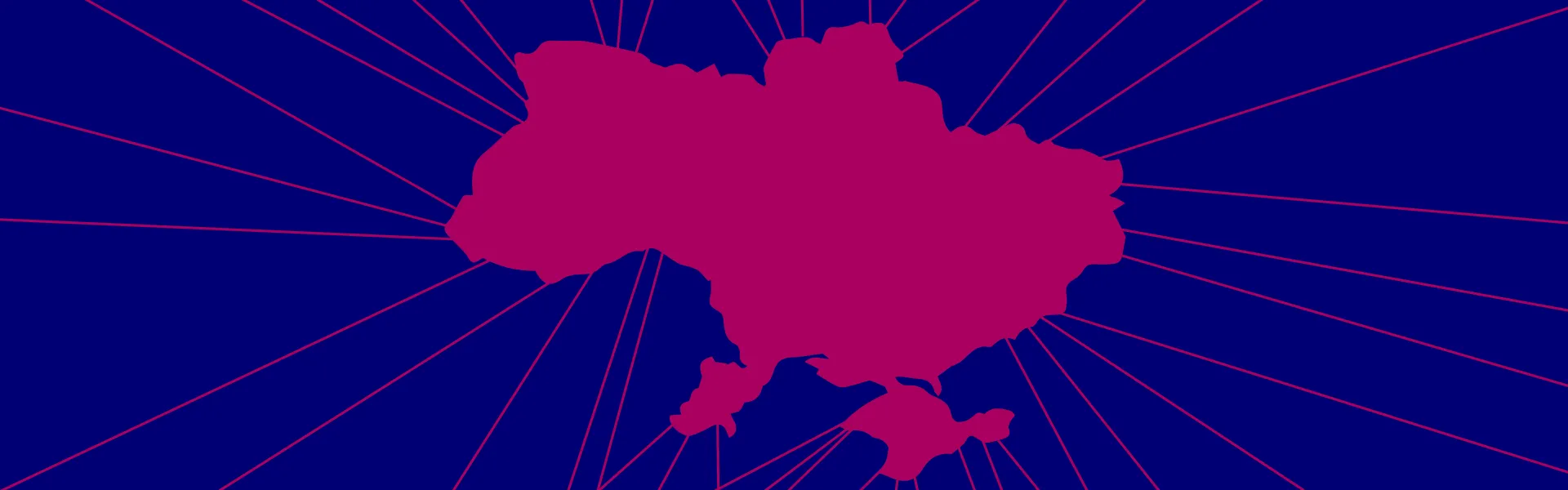 Graphic: The shape of Ukraine berry color against blue background, rays go from it.
