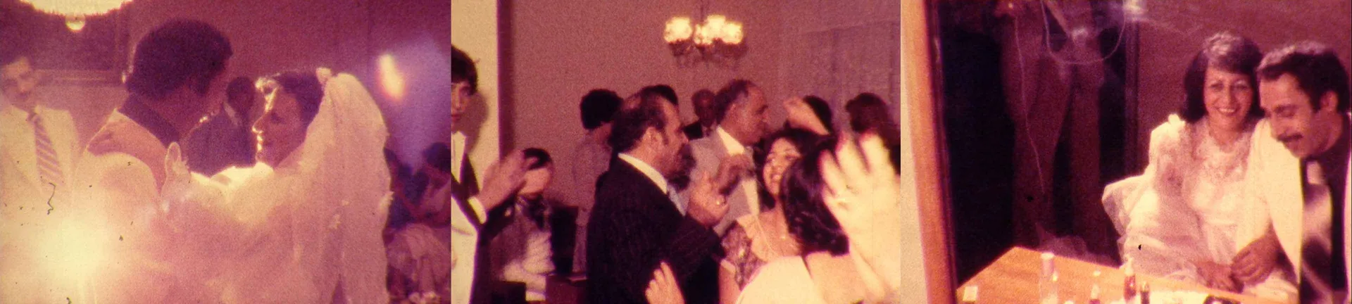 Film stills: dancing bridal couple, wedding guests at the party, happy bridal couple at the table