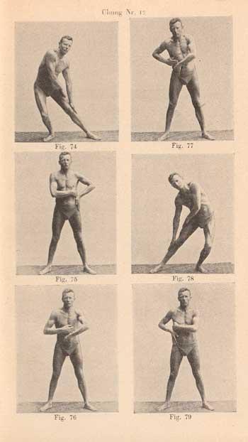 Book page with six illustrations of a man standing and assuming various gymnastic poses.