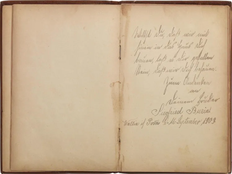 Aufgeschlagene Doppelseite mit handschriftlichem Eintrag auf der rechten Seite