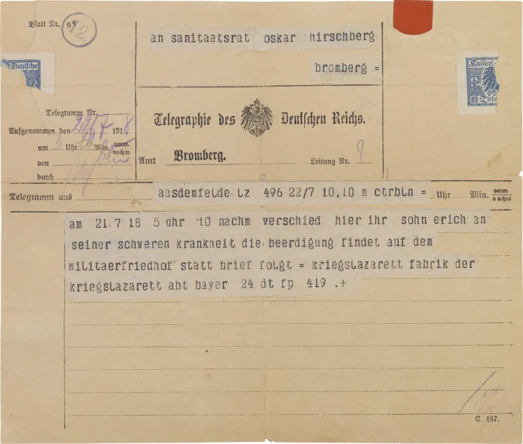 Telegramm, Vordruck, hand- und maschinenschriftlich