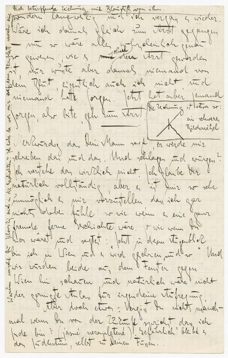 Handwritten letter page, with the margins also written on, transcription in the continuous text below the image.