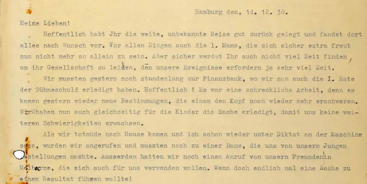 Detail from a typewritten letter from 14 December 1938