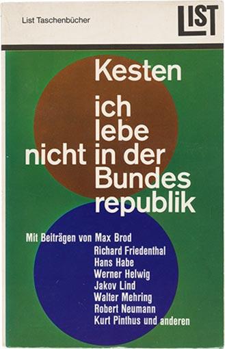 Cover des Buches „ich lebe nicht in der Bundesrepublik“ von Hermann Kesten. Darauf stehen der Titel, der Name des Herausgebers und einiger Autoren, dahinter sind ein brauner und ein blauer Kreis auf grünem Hintergrund zu sehen.