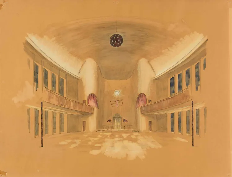 Kolorierte Zeichnung auf braunem Papier. Frontaler Blick in den im Bild weiträumig erscheinenden unmöblierten Innenraum der Synagoge in Richtung Tora-Schrein.