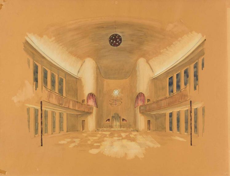 Colored drawing on brown paper. A frontal view of the interior, which appears spacious and unfurnished, looking toward the Torah ark.