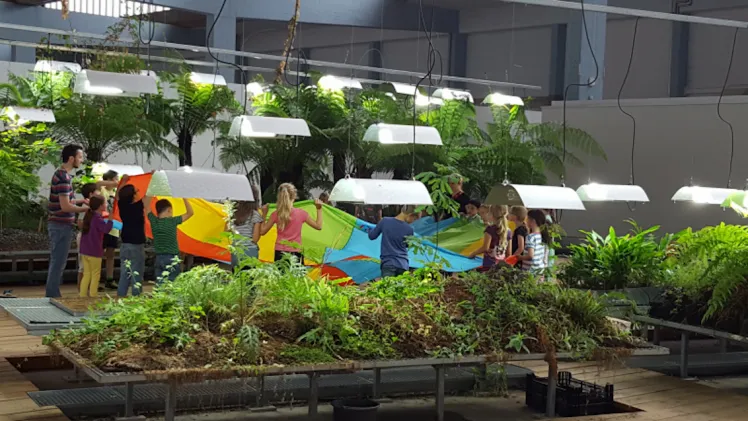 Kinder spielen mit Schwungtuch in einem Indoor-Garten