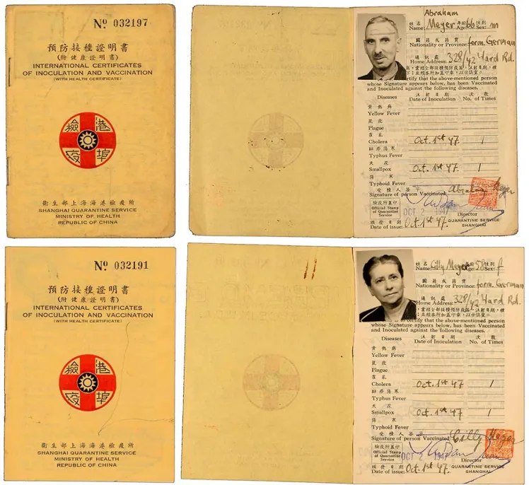 Collage of front pages and spread-open vaccine certificates for Abraham and Cilly Meyer: showing passport photographs, stapled, printed form, filled out by hand, English, Chinese, Shanghai, 1 Oct 1947