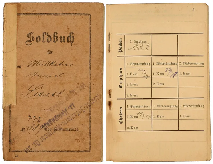 Cover page and another page from a stapled pay book listing vaccine certificates: Pre-printed form, filled out by hand, Zossen, Neukölln, 3–21 Jul 1917