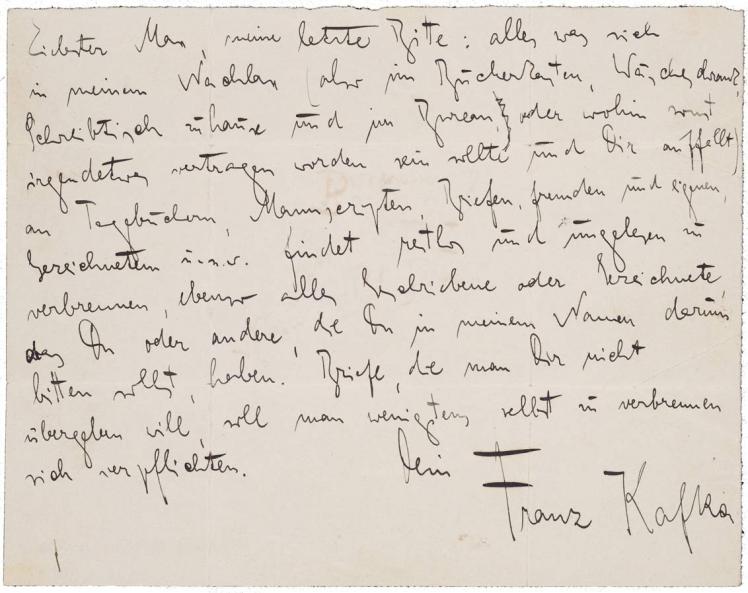 Handwritten short letter from Franz Kafka to Max Brod, see transcription on the website.