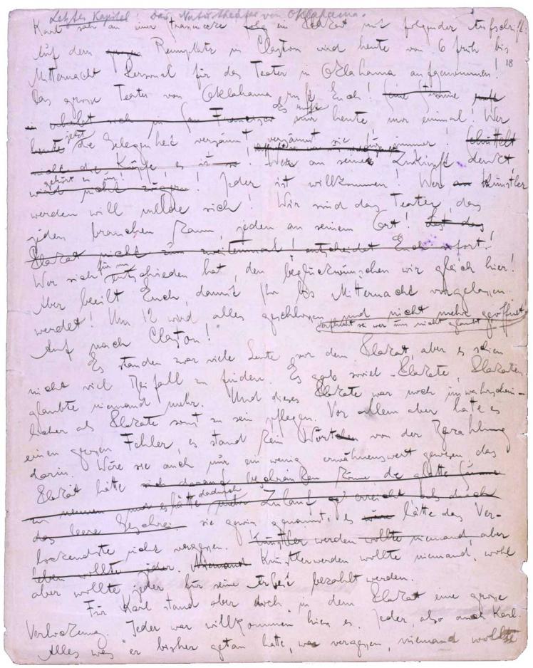 Handschriftlies Manuskript von Franz Kafka mit diversen Streichungen und der Überschrift: „Letztes Kapitel“, Transkription unter dem Bild.