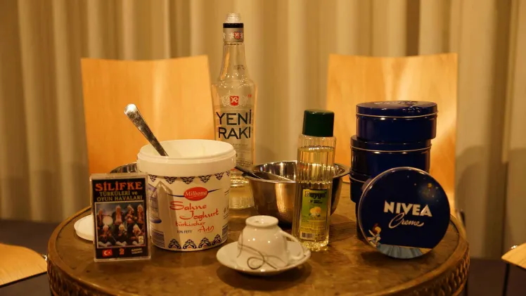 various products on one table (Turkish yoghurt, Nivea cream, Yeni Raki etc.)