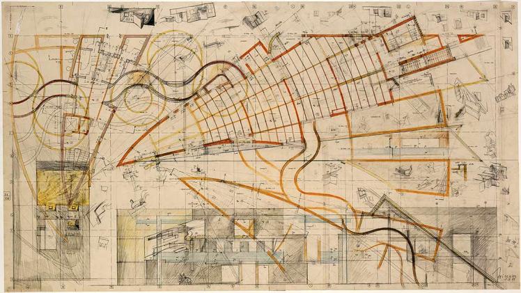 Design drawing with a circular spiral of wedges, half cylinders and pyramids